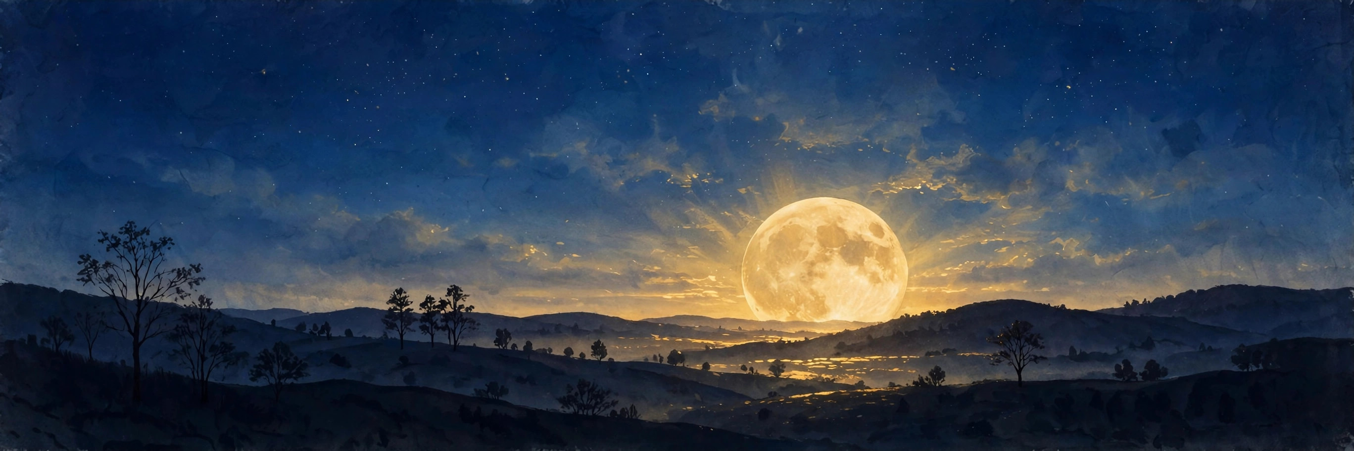 A large full moon rising over dark hills